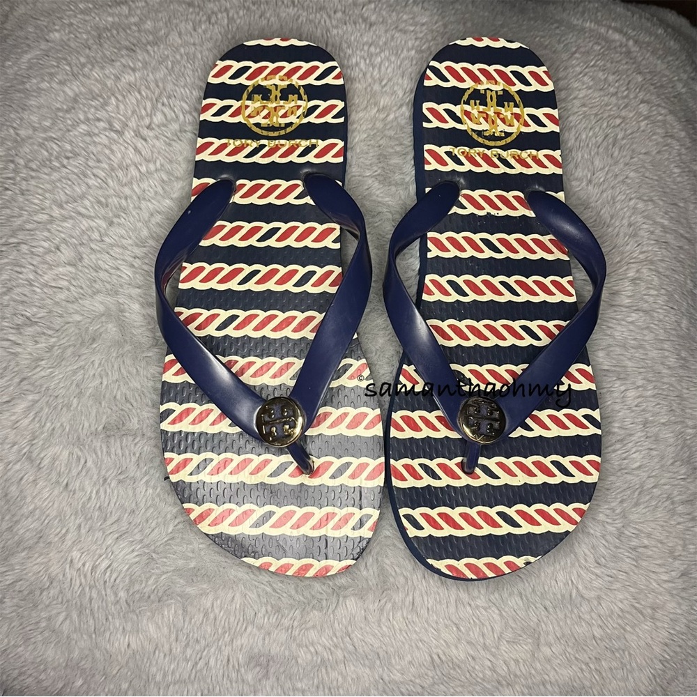 Tory Burch Navy and Red Striped Sandals